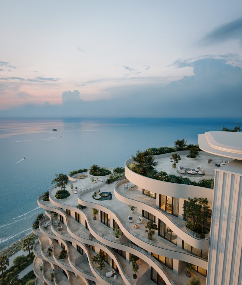 Aerial view of Al Marjan Island and the sea