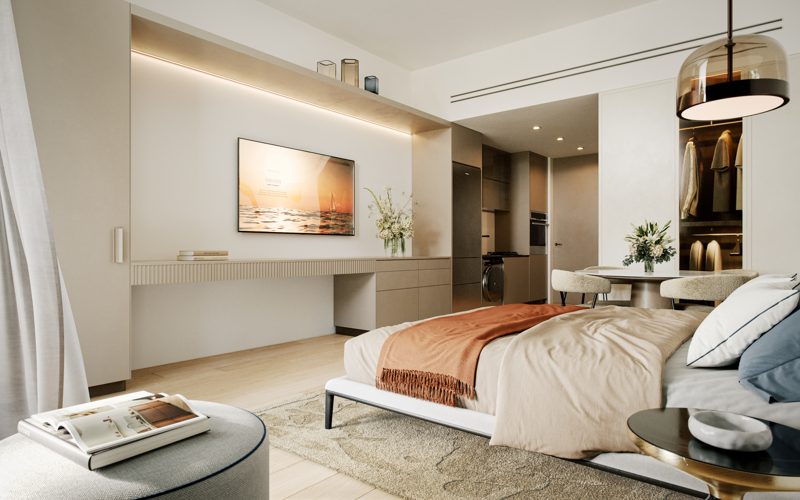 Bedroom with balcony and sea view