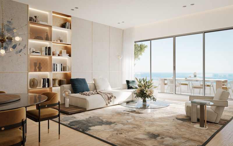 Sea-view living and dining space with designer furniture