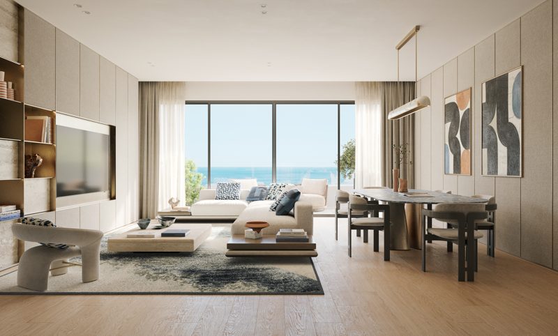 Open-plan living area with floor-to-ceiling glass