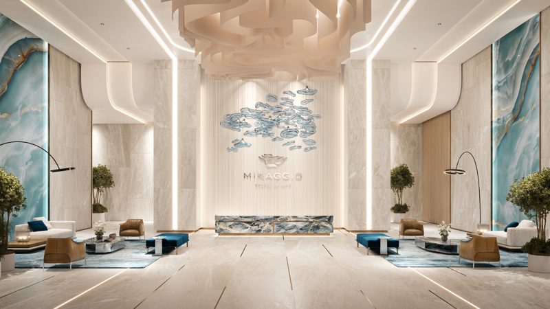 Lobby lounge with sculptural detail