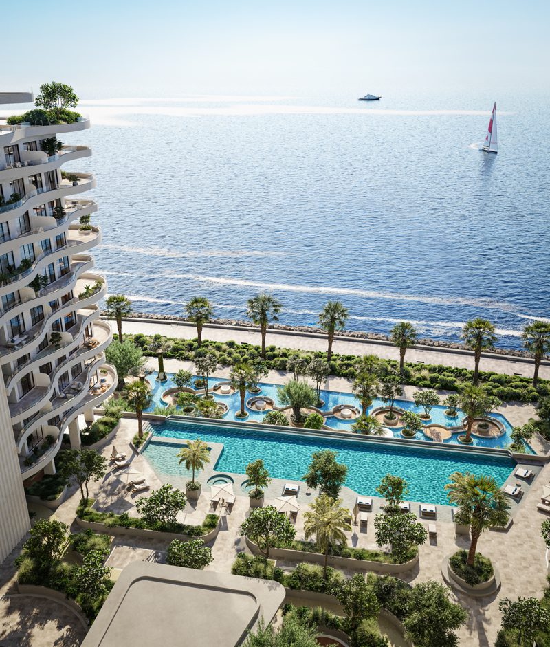 Resort pool and sea view from the podium